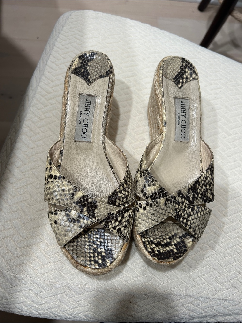 Jimmy Choo Beige and Black Snakeskin Espadrille Wedges